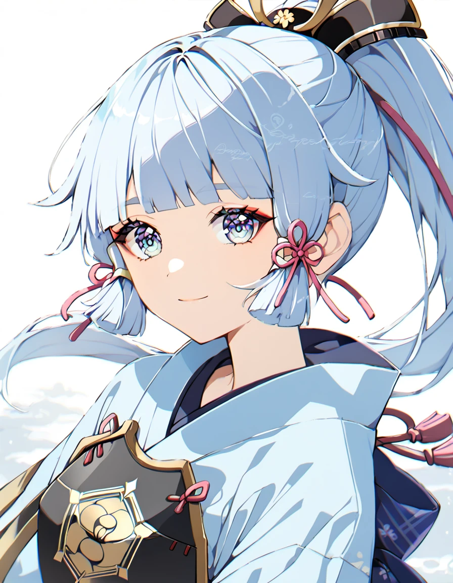 Ayaka Kamisato(genshin impact, adult women, light blue hair, ponytail, light blue eyes, light blue kimono, navy blue skirt, black breastplate, light smile)