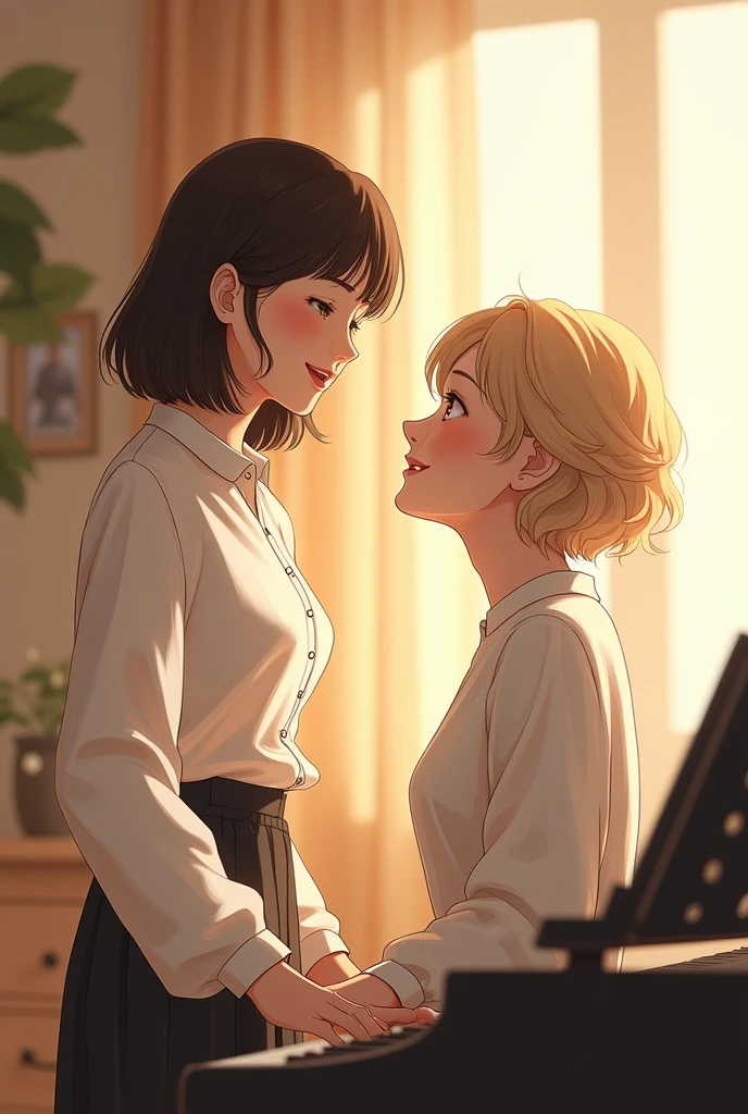 An 18-year-old Japanese woman is taking vocal lessons from a 30-year-old Japanese woman.。Both of them are wearing long sleeve blouses and have small .。18 year old girl has dark brown hair with bangs。The 30-year-old woman has short, curly blonde hair.。The clothes are white。Both of them are smiling and having fun。The room is bright and bright.、The wall color is champagne gold。A 30-year-old woman is sitting and playing an electronic piano。An 18-year-old woman is standing and speaking out。For the two of them1There is a distance of about meters、The bodies are not touching