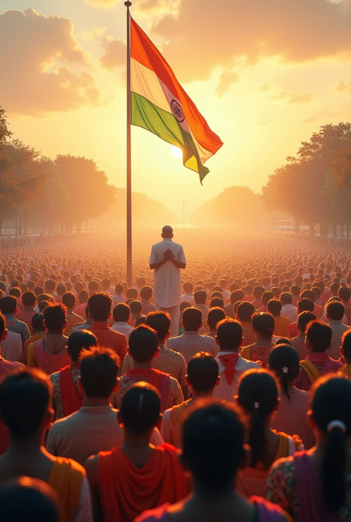 Prompt:
A vibrant Indian Independence Day celebration. A vast, open ground filled with people of all ages, dressed in colorful attire. The Indian tricolor flag stands tall in the center, bathed in the golden morning sunlight. Everyone stands with their hands over their hearts, their faces filled with pride and respect as they sing the national anthem. The atmosphere is electric with patriotism, the crowd a sea of heads swaying in unison.