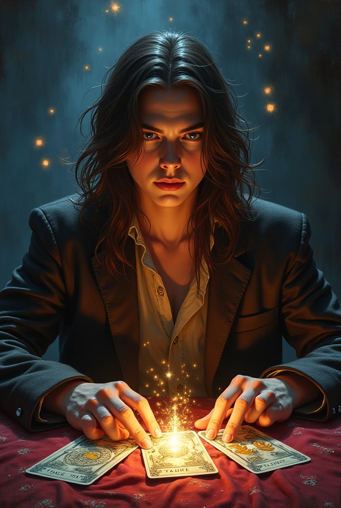 impressionism painting, realisitic, male, teenager, 1 , fortune teller, Tarot cards on the table, looking ahead at viewer, skin fair, long hair, dark brown, mystic, magical, sheen, sheening, dark magical lighting, temperamental, cinematic, spark of light, Ablaze, darkness INFO