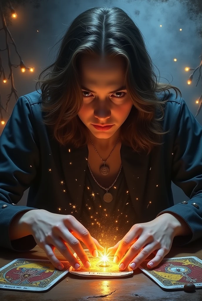 impressionism painting, realisitic, male, ager, 1 , fortune teller, Tarot cards on the table, looking ahead at viewer, skin fair, long hair, dark brown, mystic, magical, sheen, sheening, dark magical lighting, temperamental, cinematic, spark of light, Ablaze, darkness INFO