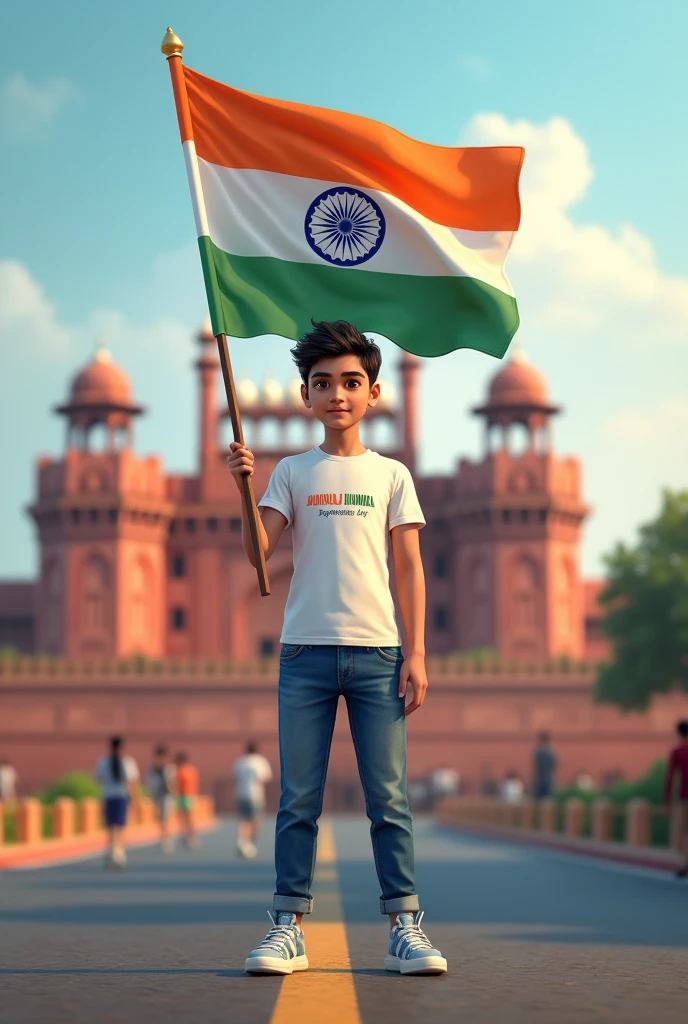 Generate a Realistic 20 years old boy, Wearing White T shirt blue jeans sneakers and the name “yuvraj dhumda” is written on his t-shirt and the boy is standing on the road with holding a national flag of India , and behind him is the Red Fort Delhi. And written on sky “Happy Republic Day” Create Realistic image high quality.