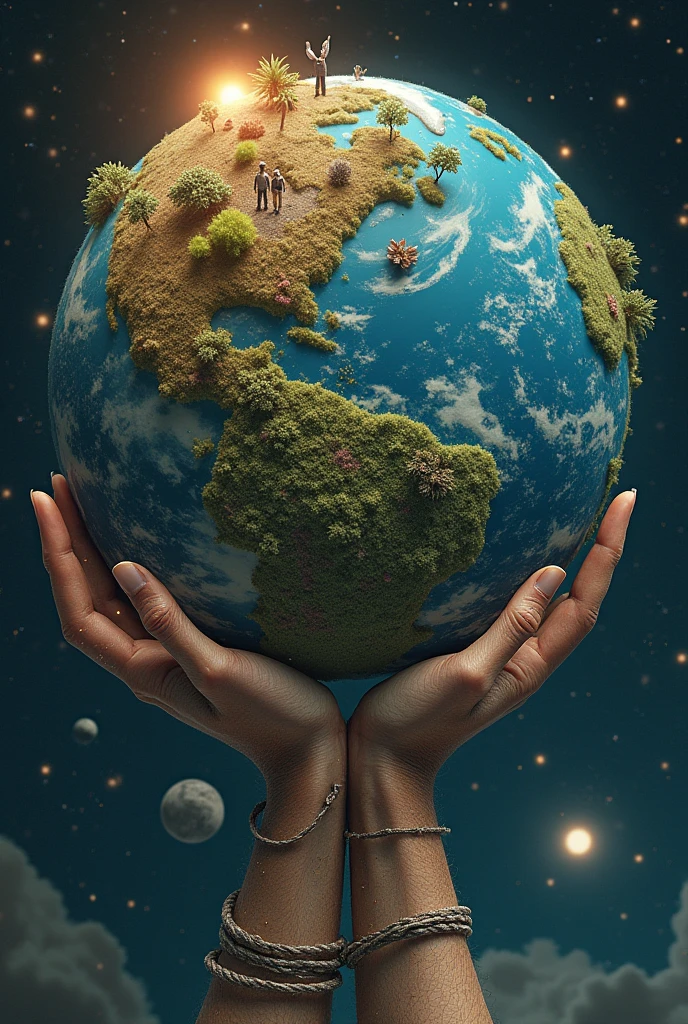 Create an image featuring a humanoid figure appearing to be made of stardust, where one can discern wisps of nebulae and constellations within this form. This figure has hair and is delicately holding the Earth in one hand. The Earth itself is teeming with diverse forms of life, represented through miniature depictions of various plants and human figures of diverse descents and genders dotting the landscape. In the other hand, this figure holds a different, unnamed planet. The background is a vast expanse of space, with the radiant sun on one side of the Earth and the moon casting its cool glow on the other side., cleavage, thigh, short skirt, sexy