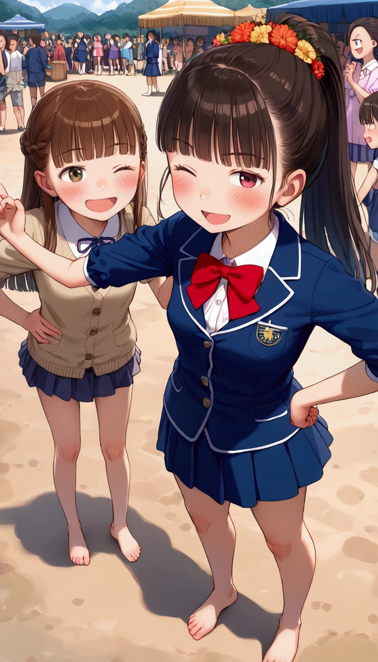 {Highest quality}, {Super beautiful},{Ultra fine},{Best illustration},Brown Hair,Hime cut,long hair,ponytail,One woman,Standing Woman,Strike a pose,Adult women,smug face,Excited face,Wink,uniform,cardigan,Short sleeve,skirt,Night Festival,Blushing,Slender,barefoot,barefoot,From an angle,From above,Spread your legs,Put one hand on your hip