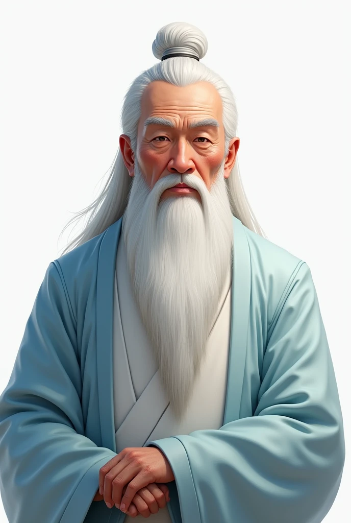 Older man with Asian features, His beard is long and white, Her hair is straight, white and long., his expression is serious, Their clothes are traditional Chinese in shades of light blue and white., digital illustration of video game characters