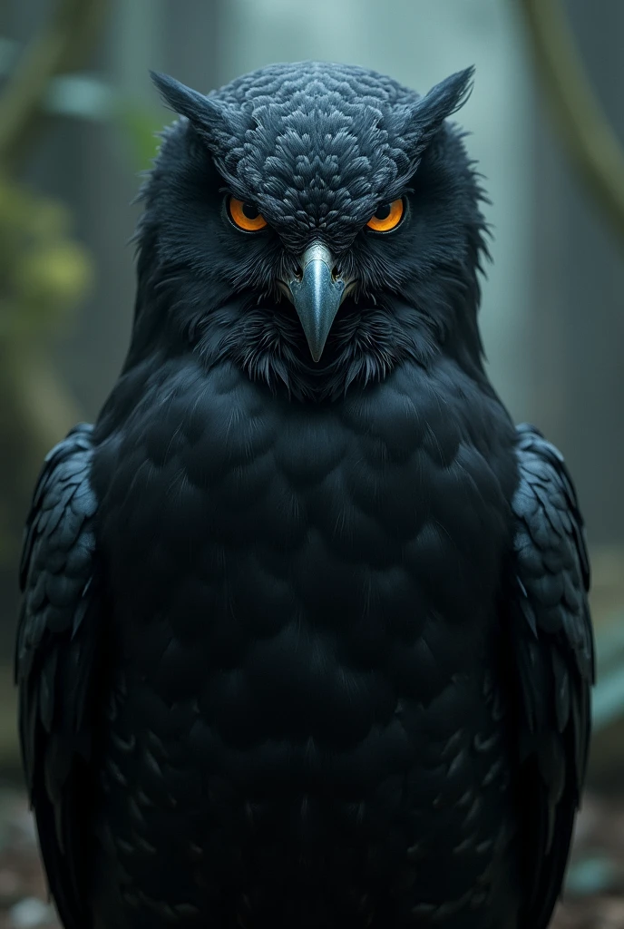 Create image with only Keanu Reeves' head on the body of a black owl, as if it were a totem