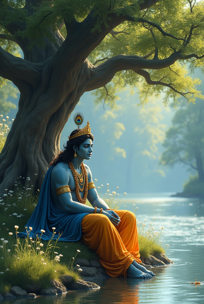 Visualize Lord Krishna seated serenely under a large, ancient tree beside a gently flowing river. The tree’s broad canopy provides a soothing shade, and its leaves rustle softly in the breeze. Krishna is depicted in his divine form, with a calm and relaxed demeanor that reflects deep inner peace.
He is adorned in splendid, flowing garments—often in shades of blue and gold—that contrast beautifully with the lush greenery around him. A crown, featuring a single peacock feather, rests gracefully on his head. Krishna's posture is relaxed, possibly with one leg folded or resting comfortably, and his expression is one of tranquility and contentment.
Beside him, the river flows gently, its surface reflecting the soft light of the surrounding landscape. The riverbank might be dotted with wildflowers and soft grass, creating a serene and picturesque setting. This peaceful scene emphasizes Krishna’s divine essence and his connection with the natural world, capturing a moment of calm and relaxation amid the beauty of nature.