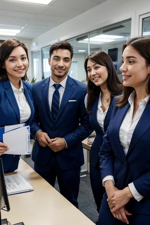 group of workers in blue suits in an office happy
