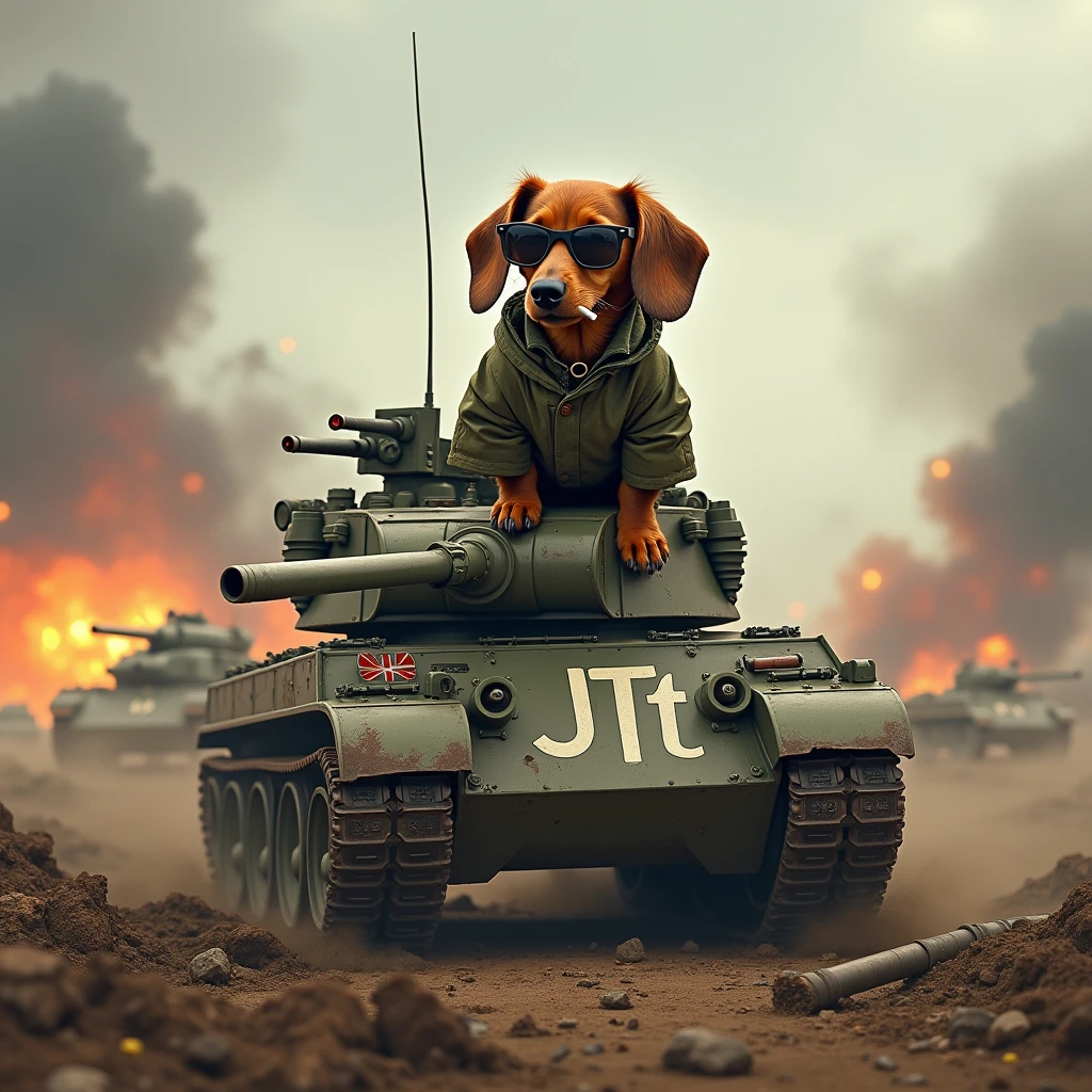 Miniature Dachshund Long coat、Tank Ride、Wearing camouflage clothing、sunglasses、Cannon fire、A battlefield filled with missiles、explosion、The tank has "JTt" written on it、Smoking a cigarette