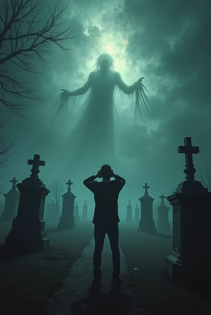 Thousands of spirits are coming towards a man, in the middle at the corner, and a burning spirit is also coming towards that man, all these scary spirits have surrounded that 1 man, he is holding his head and screaming in fear. Yes, it is night time, there is a scary atmosphere, all this is happening in a very large area, and this is also a cemetery.
(The image will be of 16:9 size)