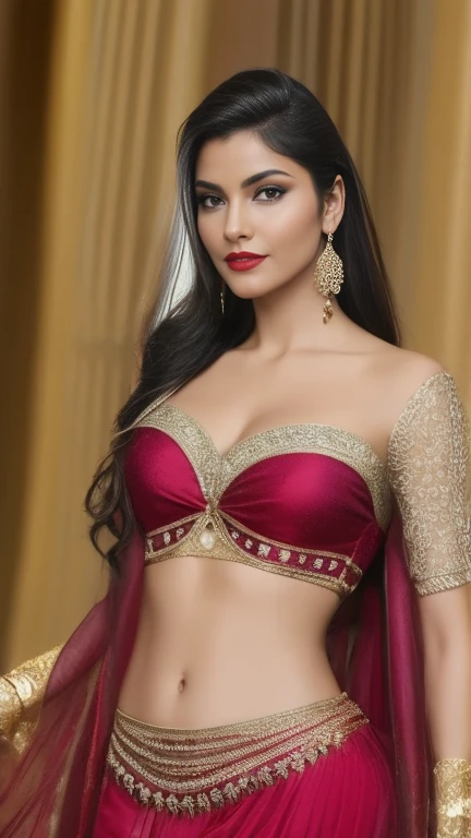,masterpiece, top quality, 8K, real person, realistic, very dense CG, shiny skin, fully focused, radiant, A beautiful Arabic belly dancer, seductive look, wearing a bicini , bold clothes, bold environment,, cinematic look red lips,bold and majestic look,, wearing a loose top, stylish design, mesmerizing look,bold and majestic look, Background royal palace, beautiful and elegant lady