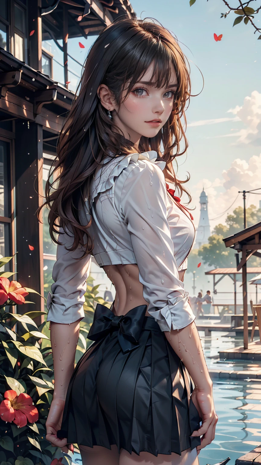 Browsing Caution,((masterpiece)),(((Highest quality))),((Very detailed)),((((Realistic)))),((Disheveled Hair)),((Frills)),(1 person),(alone),??? from behind, (((Ass Focus))),,lipstick,Dynamic Angle,Big Top Sleeves,floating,Beautiful detailed sky,Beautiful detailed water,Beautiful fine details,Exposure,(fist),Expressionless,Blunt Side Bangs,Hair between the eyes,ribbon,A bow tie,button,Shoulder Bare,(((Small breasts))),Detailed wet clothes,Blank face,Pleated skirt,Flowers