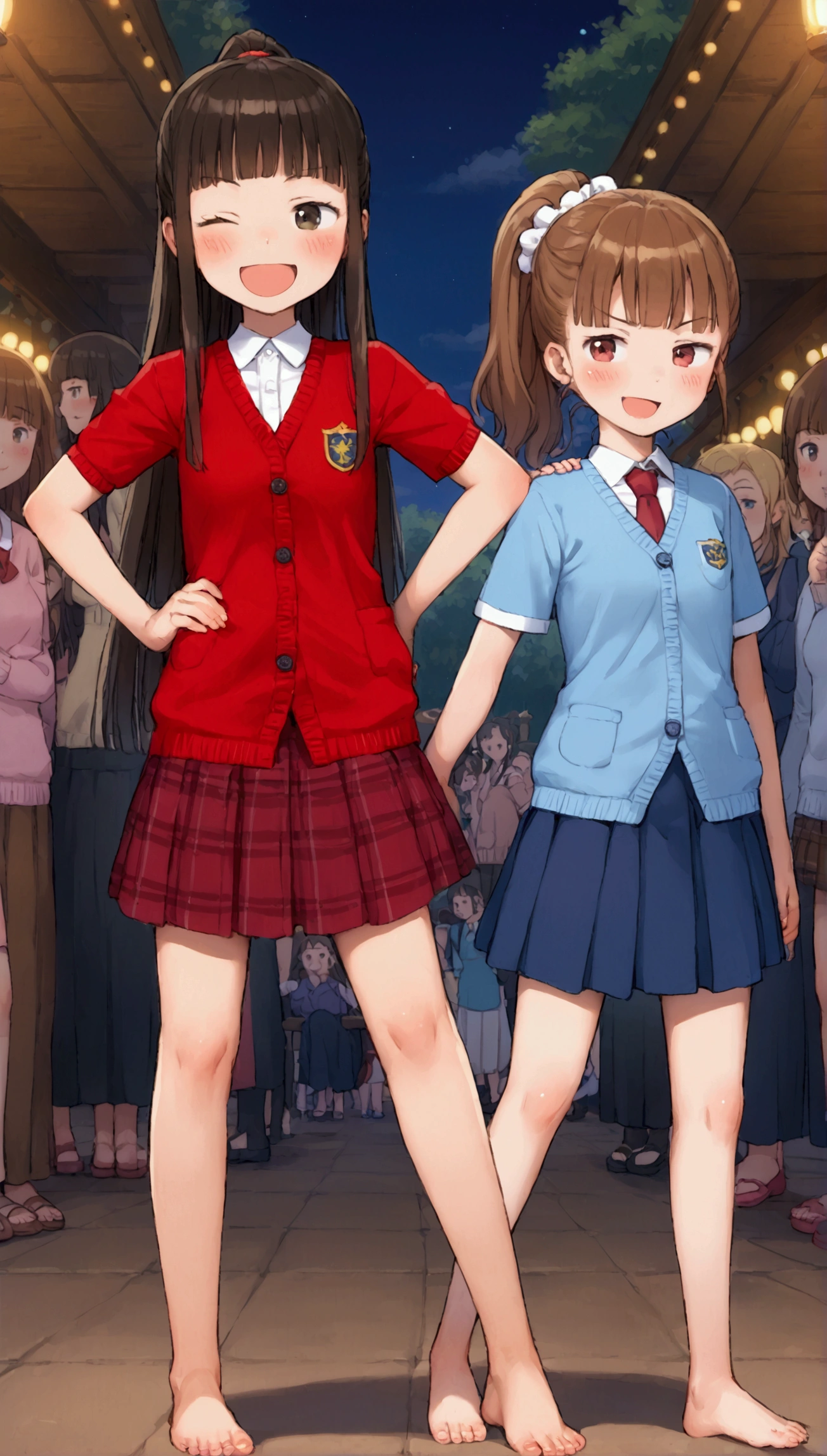 {Highest quality}, {Super beautiful},{Ultra fine},{Best illustration},Brown Hair,Hime cut,long hair,ponytail,One woman,Standing Woman,Strike a pose,Adult women,smug face,Excited face,Wink,uniform,cardigan,Short sleeve,skirt,Night Festival,Blushing,Slender,barefoot,barefoot,From an angle,Spread your legs,Put one hand on your hip