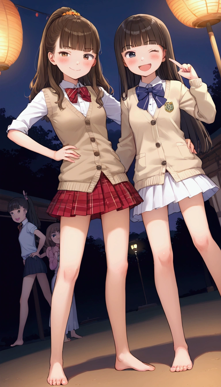 {Highest quality}, {Super beautiful},{Ultra fine},{Best illustration},Brown Hair,Hime cut,long hair,ponytail,One woman,Standing Woman,Strike a pose,Adult women,smug face,Excited face,Wink,uniform,cardigan,Short sleeve,skirt,Night Festival,Blushing,Slender,barefoot,barefoot,From an angle,Spread your legs,Put one hand on your hip