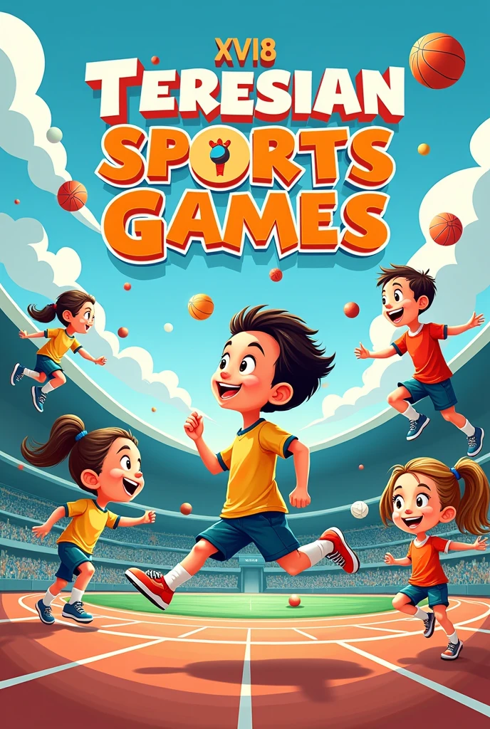 You can create a school poster that is not realistic, Let this be with children but drawn (This is about football, basketball, volleyball, chess and athletics): Title: "XVIII TERESIAN SPORTS GAMES",  place: tabladita stadium, Date: September 2nd, Hour: 14:00pm and in Spanish 