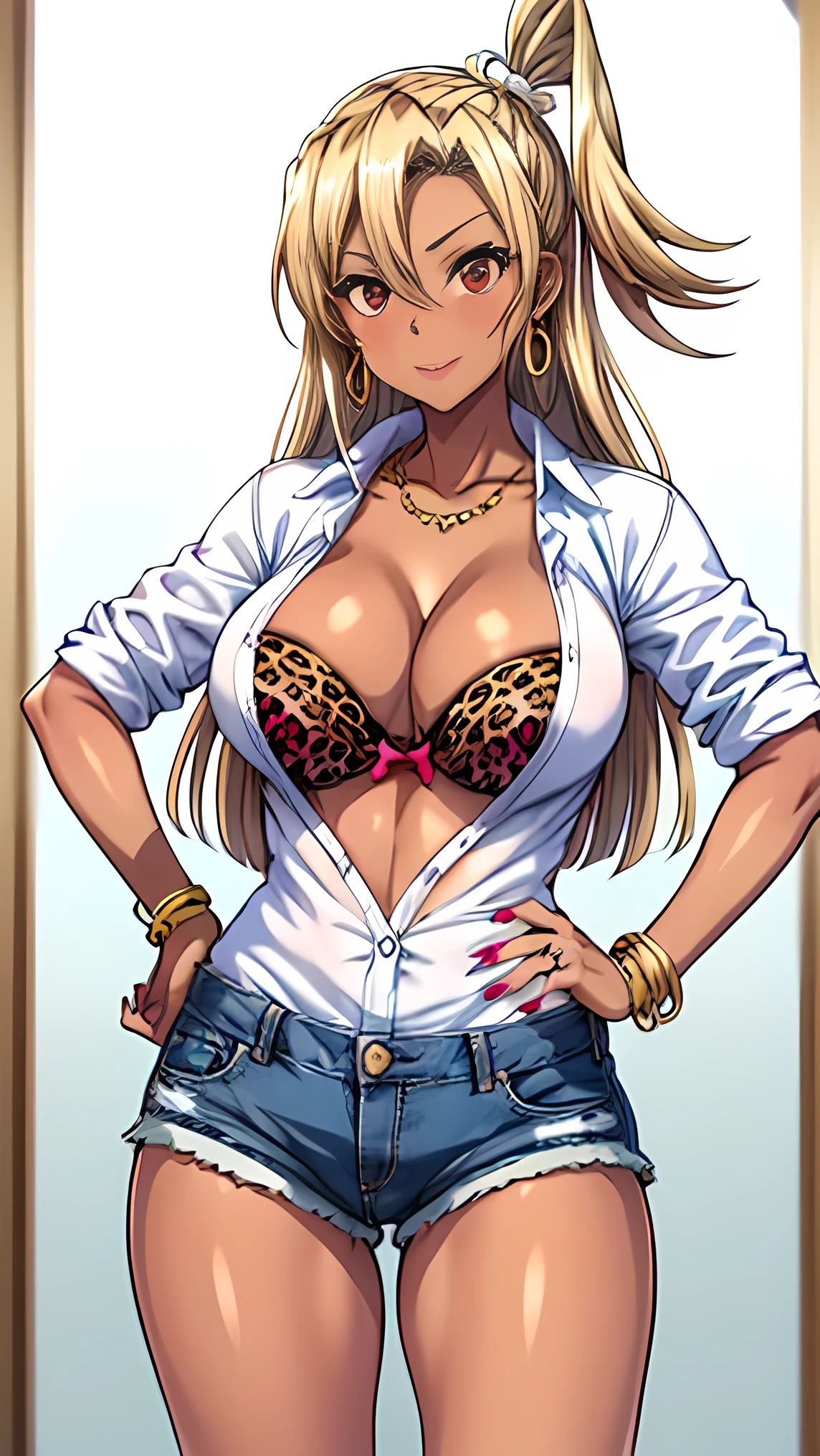 masterpiece, Highest quality, High resolution, Long Hair, Blonde, Braiding, Red eyes,  Earrings, Kogaru Gal, jewelry, hair ornaments, bracelet, (Sunburn), (Compensate), Polished nails, Long nails, Saggy breasts, Huge breasts, Dress shirt, Denim shorts, Bra Peek, leopard pattern, Dark Skin, 🤩, Hands on hips