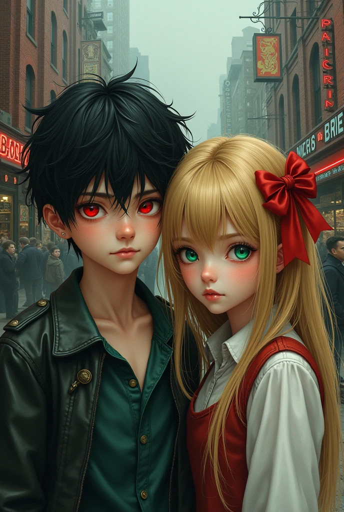 beautiful boy with red eyes, black hair, Next to her a beautiful girl with golden hair and emerald eyes and bangs a red ribbon tying her hair, In the background there is a street with lots of people and there is only one store with red bricks and that sells groceries that has horror and mystery in the image and looks like a drawing mixed with reality