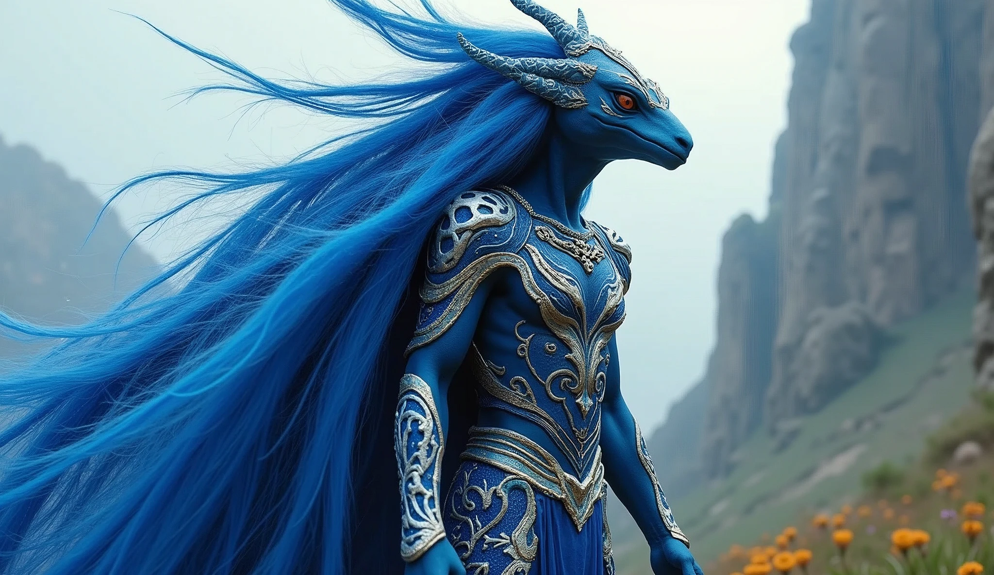 El Salvador as a central american League of Legend creature in ultramarine blue, white, and ultramarine blue colors. Intricated clothing. Cinematic Fantasy sci-fi landscape background