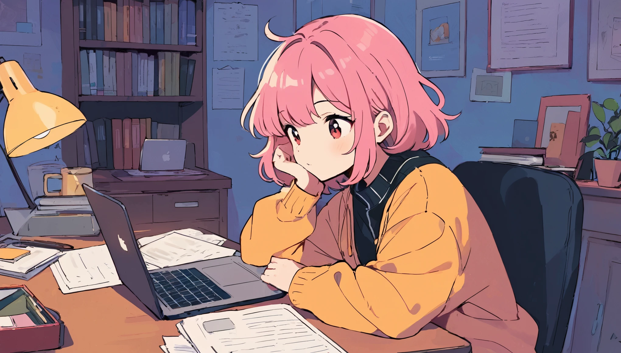 lofi girl, lofi portrait, lofi artstyle, lofi art, arafed woman sitting at a table with a laptop and papers, trying to study, studying in a brightly lit room, studying, studyng in bedroom, studious, by Anna Haifisch, sat at a desk, sat at her desk, by Emma Andijewska, by Christen Dalsgaard, viktoria gavrilenko