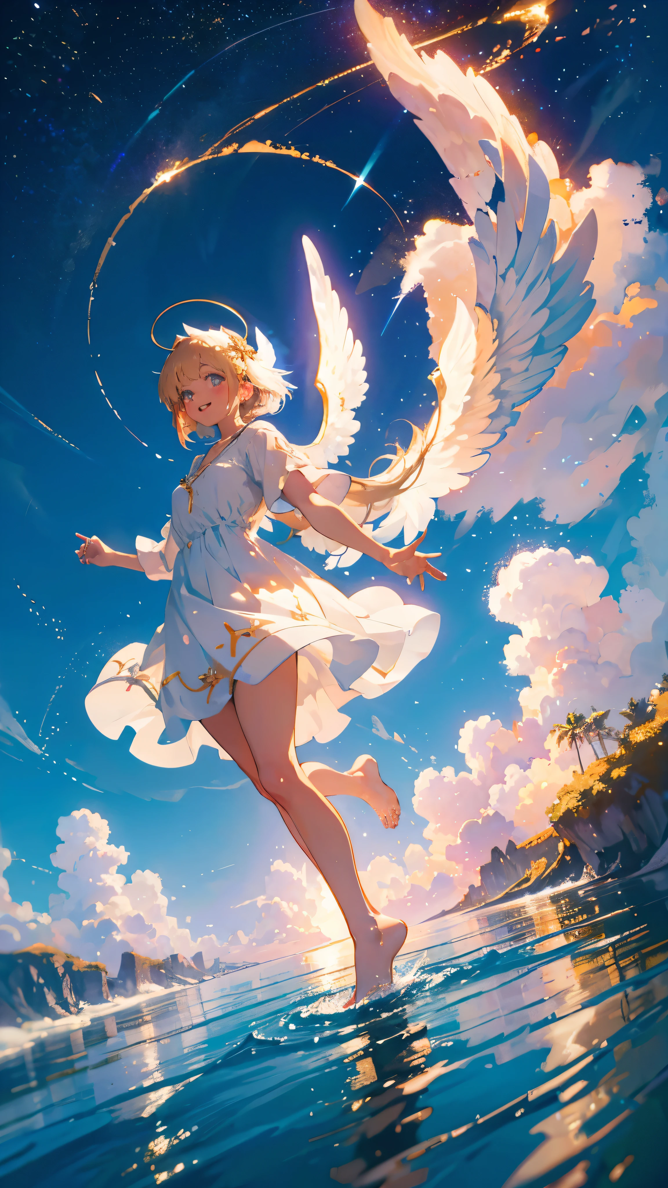 Angel, Standing on one foot on the sea, White dress, Spread your wings, A golden halo on his head, Daytime, smile, Surrealism, cinematic lighting, UHD, best quality, highres, 8k