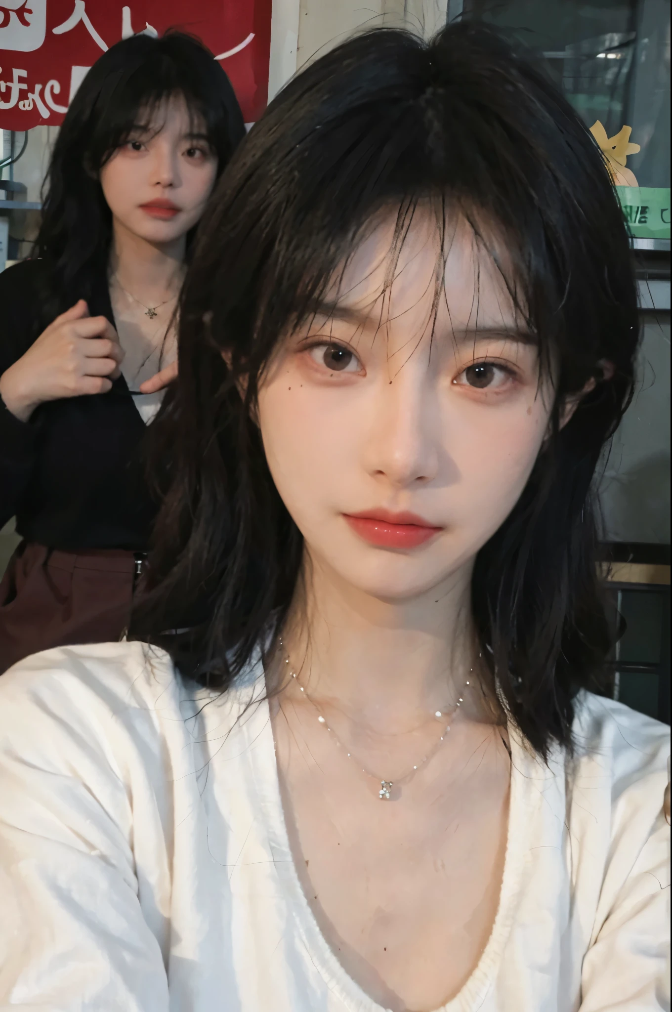 Best quality,Ultra-high resolution,(Realism:1.4),Cute hairpins,girll,Cropped black sweater,Look directly at the audience,Full of atmosphere,Beautiful woman with a slim figure:1.4,supermarket,Super delicate face,Exquisite eyes,Double eyelids,necklace