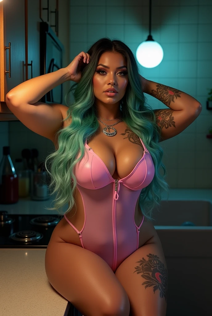 a baddie caramel, latina blasian mixed women with a big booty ,colorful tattoos ,glossy skin extremely long glossy green hair to icey blue hair touching the floor, wearing a black diamond bodice with long beading at the bottom red high heel boots ,she is seating inside she’s in a white crystal shining liquid reflexion, background a group of cut Strawberries they all in the white ice cold liquid, big booty perfect bidy, hourglass shape,medium ,she has a tattoo on her ass that says”OZ”