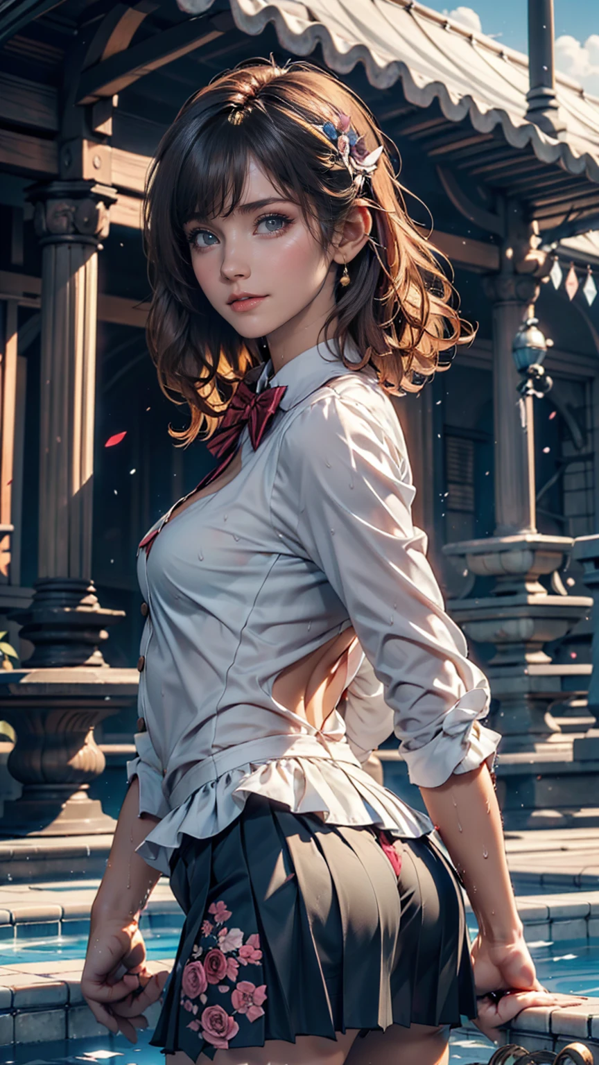 Browsing Caution,((masterpiece)),(((Highest quality))),((Very detailed)),((((Realistic)))),((Disheveled Hair)),((Frills)),(1 person),(alone),Sex from behind, (((Ass Focus))),,lipstick,Dynamic Angle,Big Top Sleeves,floating,Beautiful detailed sky,Beautiful detailed water,Beautiful fine details,Exposure,(fist),Expressionless,Blunt Side Bangs,Hair between the eyes,ribbon,A bow tie,button,Shoulder Bare,(((Small breasts))),Detailed wet clothes,Blank face,Pleated skirt,Flowers