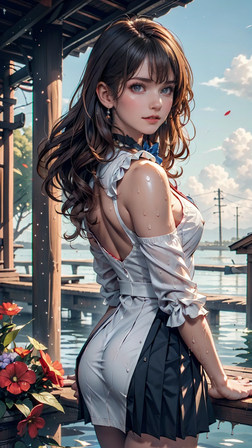 Browsing Caution,((masterpiece)),(((Highest quality))),((Very detailed)),((((Realistic)))),((Disheveled Hair)),((Frills)),(1 person),(alone),Sex from behind, (((Ass Focus))),,lipstick,Dynamic Angle,Big Top Sleeves,floating,Beautiful detailed sky,Beautiful detailed water,Beautiful fine details,Exposure,(fist),Expressionless,Blunt Side Bangs,Hair between the eyes,ribbon,A bow tie,button,Shoulder Bare,(((Small breasts))),Detailed wet clothes,Blank face,Pleated skirt,Flowers