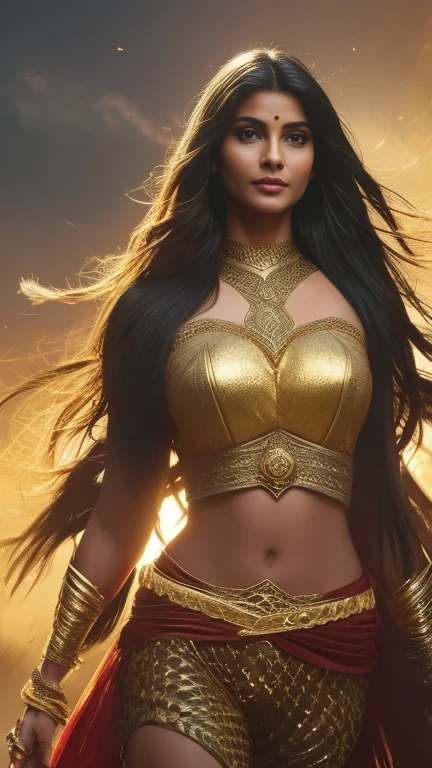 A beautiful Indian woman superhero, long dark hair, piercing eyes, high cheekbones, detailed facial features, big breast, intricate body armor with gold accents, holding a golden lasso, flying through the sky, dramatic lighting, cinematic composition, vibrant colors, epic fantasy, concept art style