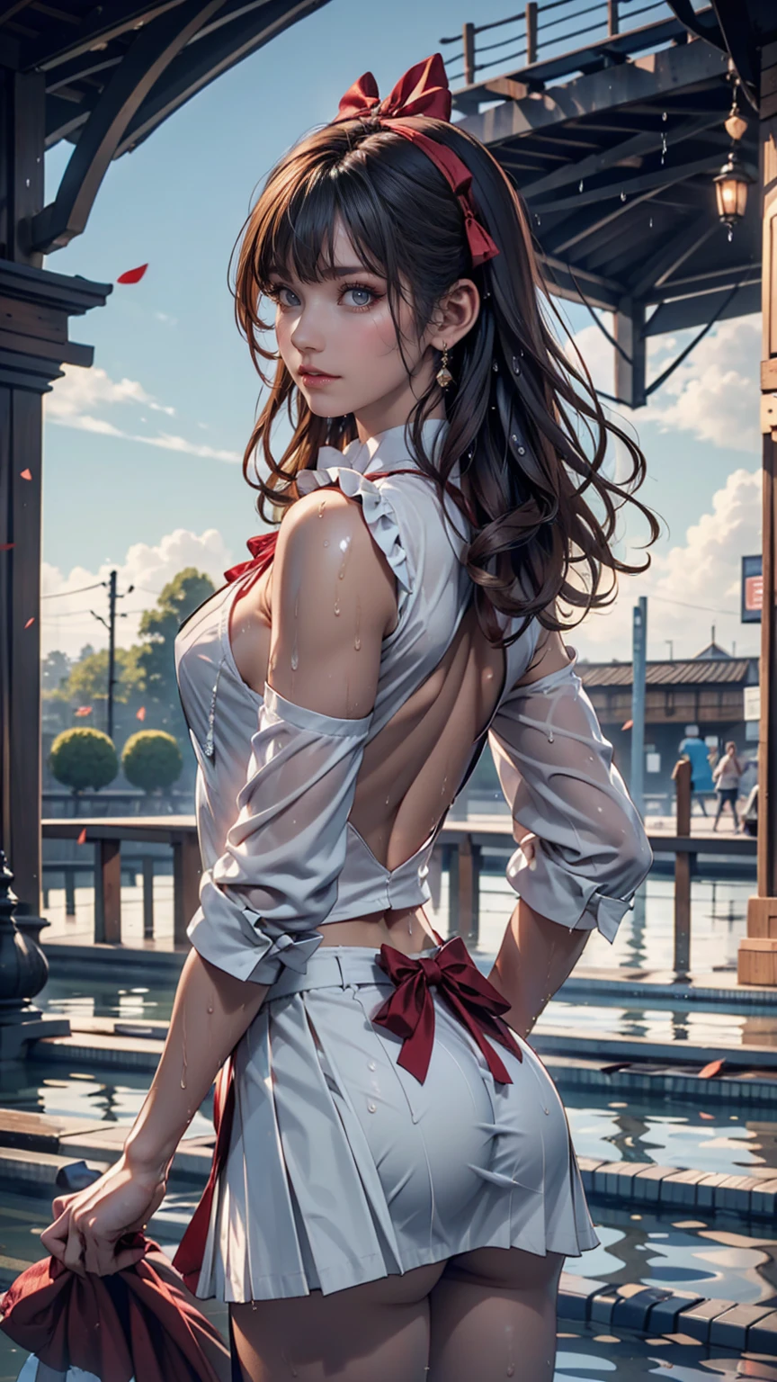 Browsing Caution,((masterpiece)),(((Highest quality))),((Very detailed)),((((Realistic)))),((Disheveled Hair)),((Frills)),(1 person),(alone),Sex from behind, (((Ass Focus))),,lipstick,Dynamic Angle,Big Top Sleeves,floating,Beautiful detailed sky,Beautiful detailed water,Beautiful fine details,Exposure,(fist),Expressionless,Blunt Side Bangs,Hair between the eyes,ribbon,A bow tie,button,Shoulder Bare,(((Small breasts))),Detailed wet clothes,Blank face,Pleated skirt,Flowers  