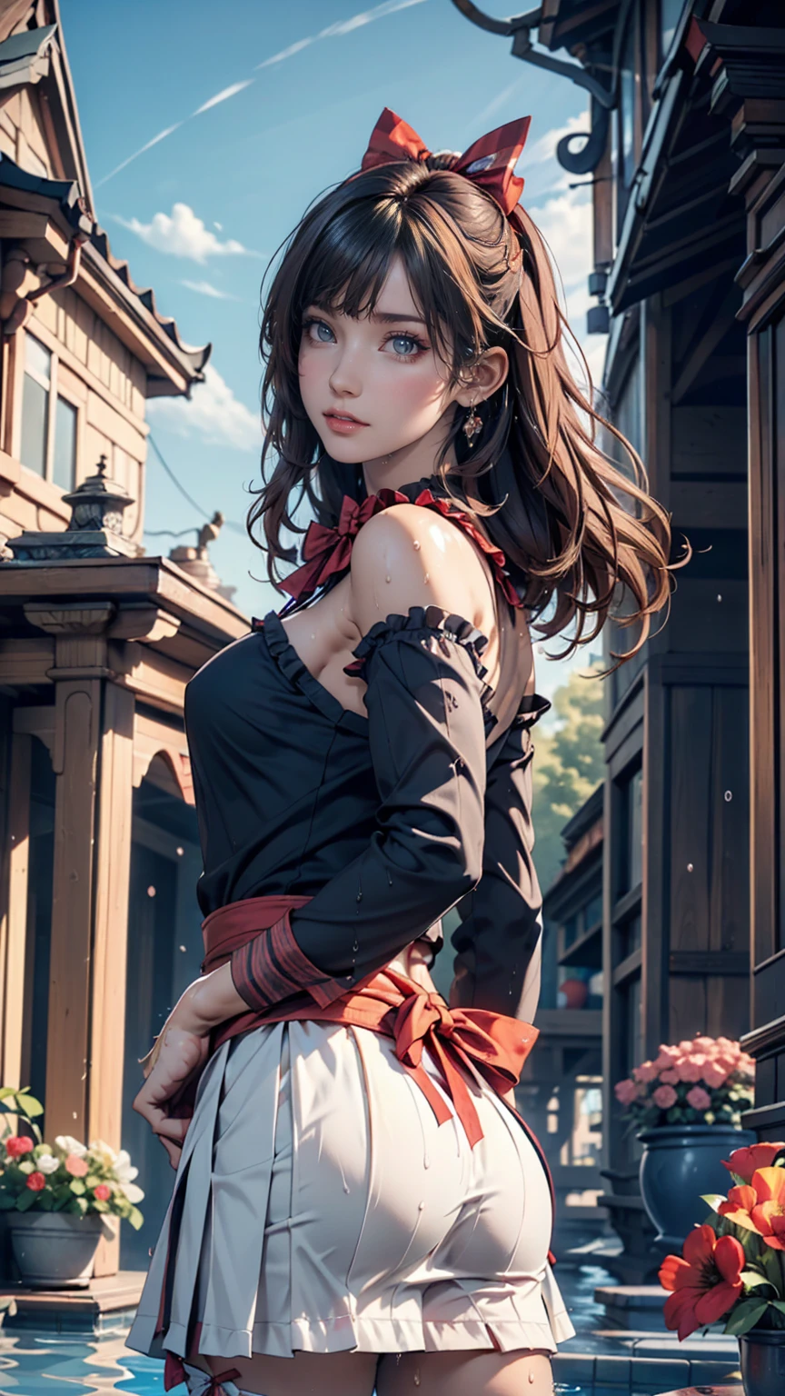 Browsing Caution,((masterpiece)),(((Highest quality))),((Very detailed)),((((Realistic)))),((Disheveled Hair)),((Frills)),(1 person),(alone),Sex from behind, (((Ass Focus))),,lipstick,Dynamic Angle,Big Top Sleeves,floating,Beautiful detailed sky,Beautiful detailed water,Beautiful fine details,Exposure,(fist),Expressionless,Blunt Side Bangs,Hair between the eyes,ribbon,A bow tie,button,Shoulder Bare,(((Small breasts))),Detailed wet clothes,Blank face,Pleated skirt,Flowers
