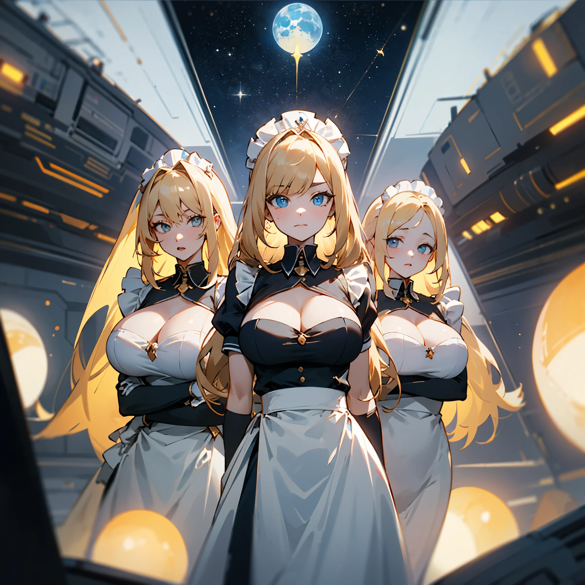 Masterpiece, 4girls, each dressed as a maid. The maids are wearing identical uniforms, beauty and cute, high detailed, dinamic lighting, vivid colours, ultra large saggy breasts, massive cleavage exposed, A giant spacecraft navigating interstellar space, Sophisticated design, huge geometric figures stacked in layers,standing, white skin, blue eyeballs, blonde hair, happys, various hair styles, harem, perfect eye, perfect face, Symmetrical eyes, well-aligned, with a natural and proportionate gaze, Observing their master with a servile gaze.