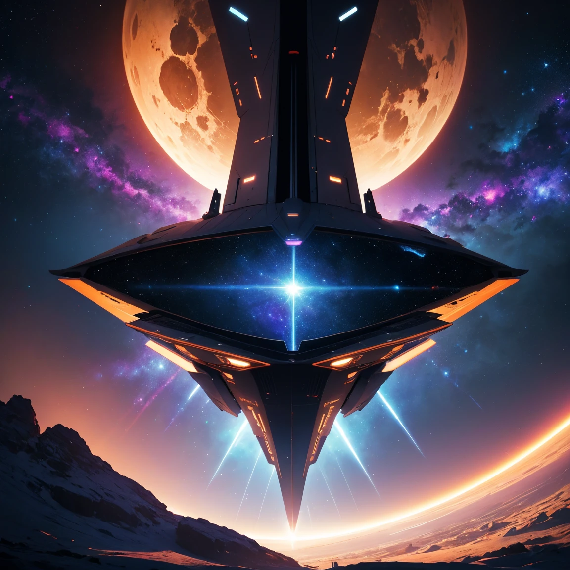 reate a breathtaking image of a futuristic spacecraft soaring through a vibrant galaxy, surrounded by swirling nebulas and countless stars. The ship approaches a shimmering horizon where the boundaries of the universe blur into a surreal blend of 4D space, revealing a glimpse of alternate dimensions. Below, a vast virtual space unfolds, filled with glowing grids and digital landscapes, merging the cosmic with the digital in a mesmerizing, otherworldly scene.