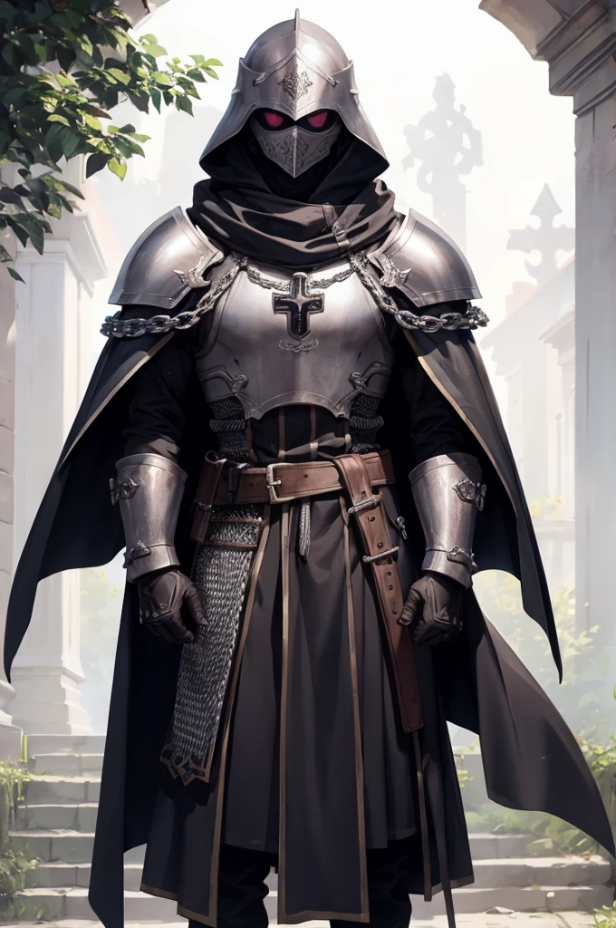 (((masterpiece; best quality: 1.2))), ((1 templar)), ((solo)), (no face: 1.4), (body shape; toned, lean, masculine: 1.3), (beautiful and clear background: 1.2), ((depth of field)), (equipment: templar garb + surcoat with cross + chainmail shirt + closed helmet + leather gloves + black cloak : 1.3), (anime illustration: 1.2), (background composition; palace garden + plants: 1.1), (shot composition; standing + centered on head + bust close-up: 1.5)