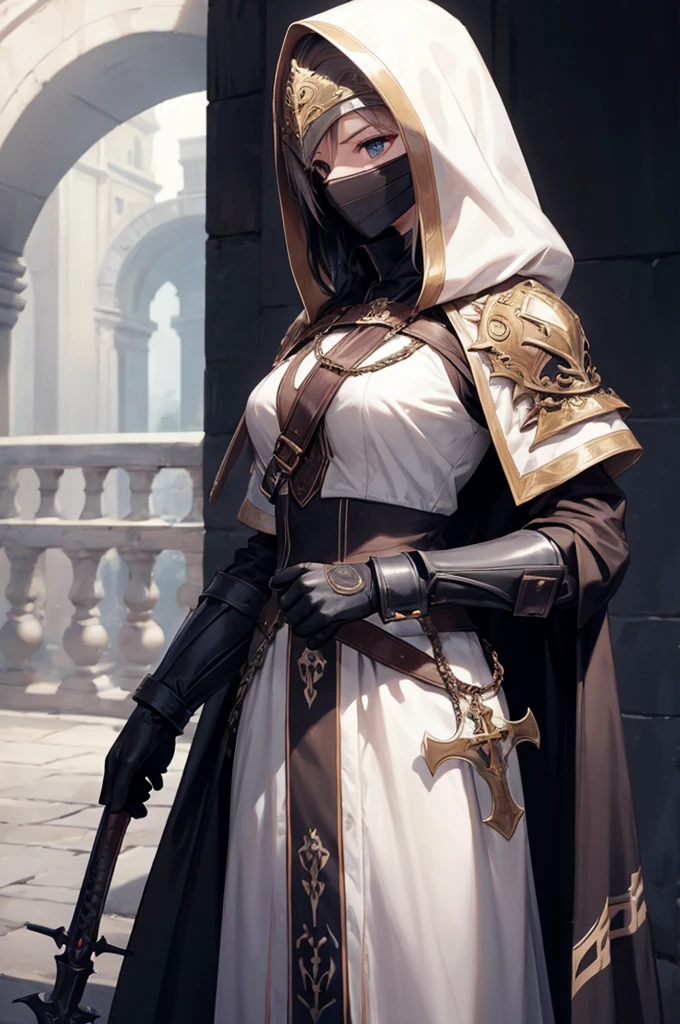 (((masterpiece; best quality: 1.2))), ((1 templar)), ((solo)), (no face: 1.4), (body shape; toned, lean, masculine: 1.3), (beautiful and clear background: 1.2), ((depth of field)), (equipment: templar garb + surcoat with cross + chainmail shirt + closed helmet + leather gloves + black cloak : 1.3), (anime illustration: 1.2), (background composition; palace garden + plants: 1.1), (shot composition; standing + centered on head + bust close-up: 1.5)