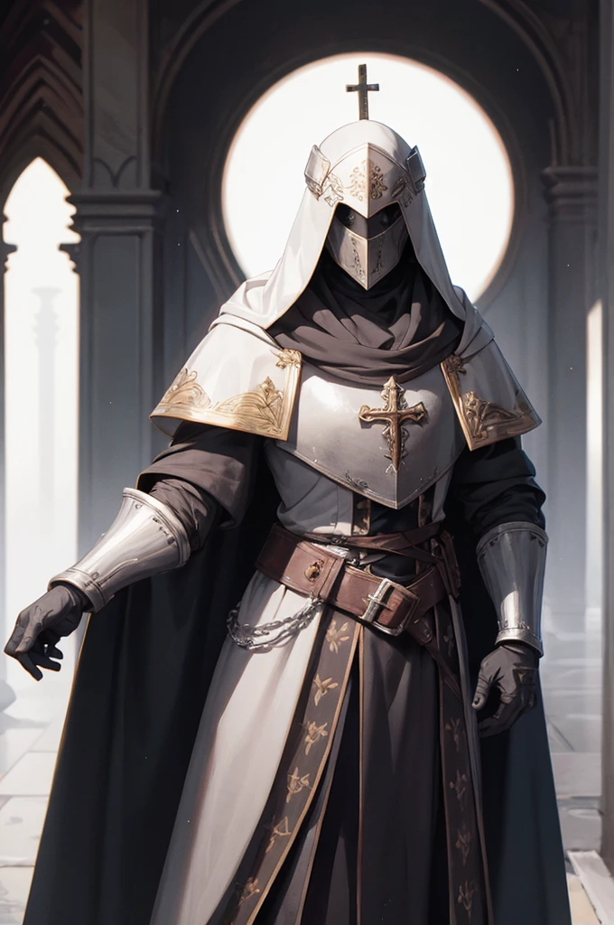 (((masterpiece; best quality: 1.2))), ((1 templar)), ((solo)), (no face: 1.4), (body shape; toned, lean, masculine: 1.3), (beautiful and clear background: 1.2), ((depth of field)), (equipment: templar garb + surcoat with cross + chainmail shirt + closed helmet + leather gloves + black cloak : 1.3), (anime illustration: 1.2), (background composition; palace garden + plants: 1.1), (shot composition; standing + centered on head + bust close-up: 1.5)
