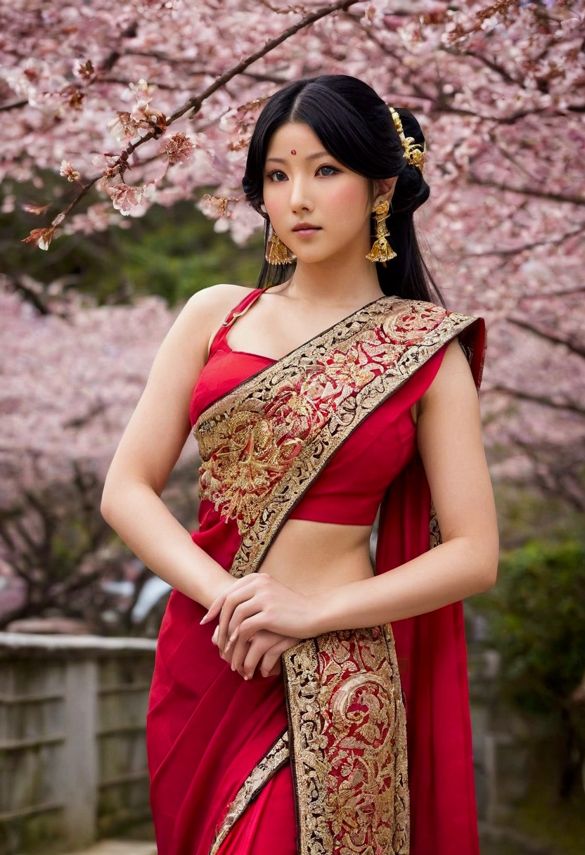 Photographic, realistic,A stunning 21-year-old Hinata Hyuga, a beloved character from the Naruto franchise, elegantly draped in a crimson and gold sexy saree. Her soft pink blush contrasts with the vibrant colors of the outfit, as she stands with a gentle yet confident posture. The six-foot-long hair of hers cascades down her back in loose waves, with a few strands framing her delicate face. The upper half of the garment, a sleeveless blouse, is adorned with intricate gold embroidery that accentuates her modest cleavage and toned arms. The crimson and gold pattern of the lower half of the blouse blends into the voluminous red and gold bordered drape of the saree, which clings to her curvy figure. A matching gold waistband emphasizes her narrow waist and the way the material flows over her hips. Her legs are partially covered by the sheer petticoat, hinting at her shapely silhouette beneath. A pair of gold-strapped sandals with red soles peek out from the bottom of the drape. Her eyes, the same gentle blue as her signature Byakugan, are lined with kohl and hold a mysterious allure. Her natural makeup complements her youthful glow, and a soft smile plays on her lips. Above her neck, a single strand of pearls rests, matching the pearl earrings that dangle from her earlobes. The background is a serene mix of moonlit cherry blossom trees, giving the scene a romantic and mysterious atmosphere. The shadow of the Byakugan's veins lightly grazes her forehead, reminding us of her powerful heritage. The overall look is a captivating fusion of traditional and modern, innocence and sensuality, perfectly encapsulating the growth and beauty of the young kunoichi.