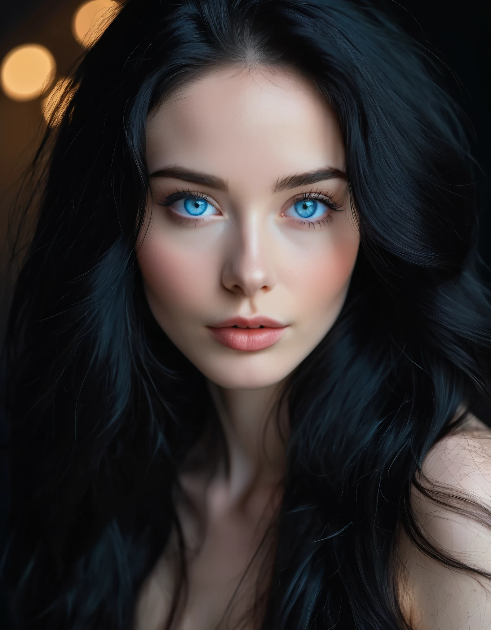 FACE SHOT OF LOVELY BEAUTIFUL BLACK HAIR WOMAN, HUGE LONG BLACK HAIR, VOLUMOUS HAIR, VERY PALE SKIN, TURCOISE BLUE  EYES, EXPRESSIVE TURCOISE EYES, LOVELY FACE EXPRESSION, CLOSED MOUTH, ROSY CHEEKS, HIGH CHEEKBONES, MENTAL FORAMEN, FRONTAL ANGLE SHOT, DARK BACKGROUND, DIFUSED LIGHTS, MASTERPIECE