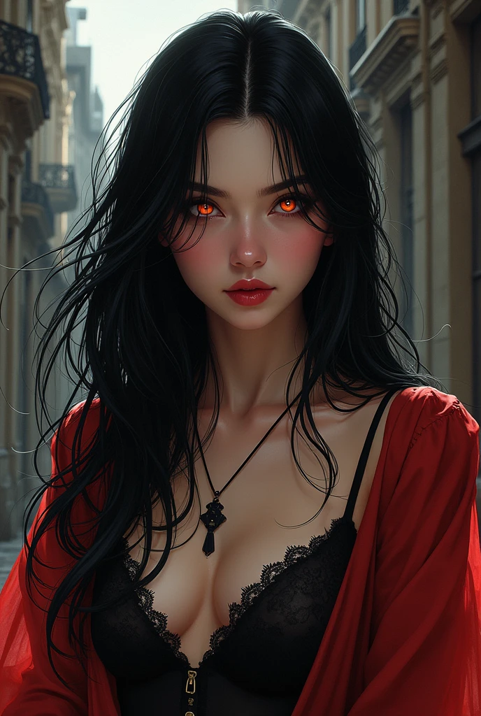 Realistic fantasy manhwa A 15 year old vampire woman, with amber eyes, long black hair, mexican traits, He has a bright and fierce look, It is set in the 1920s in France