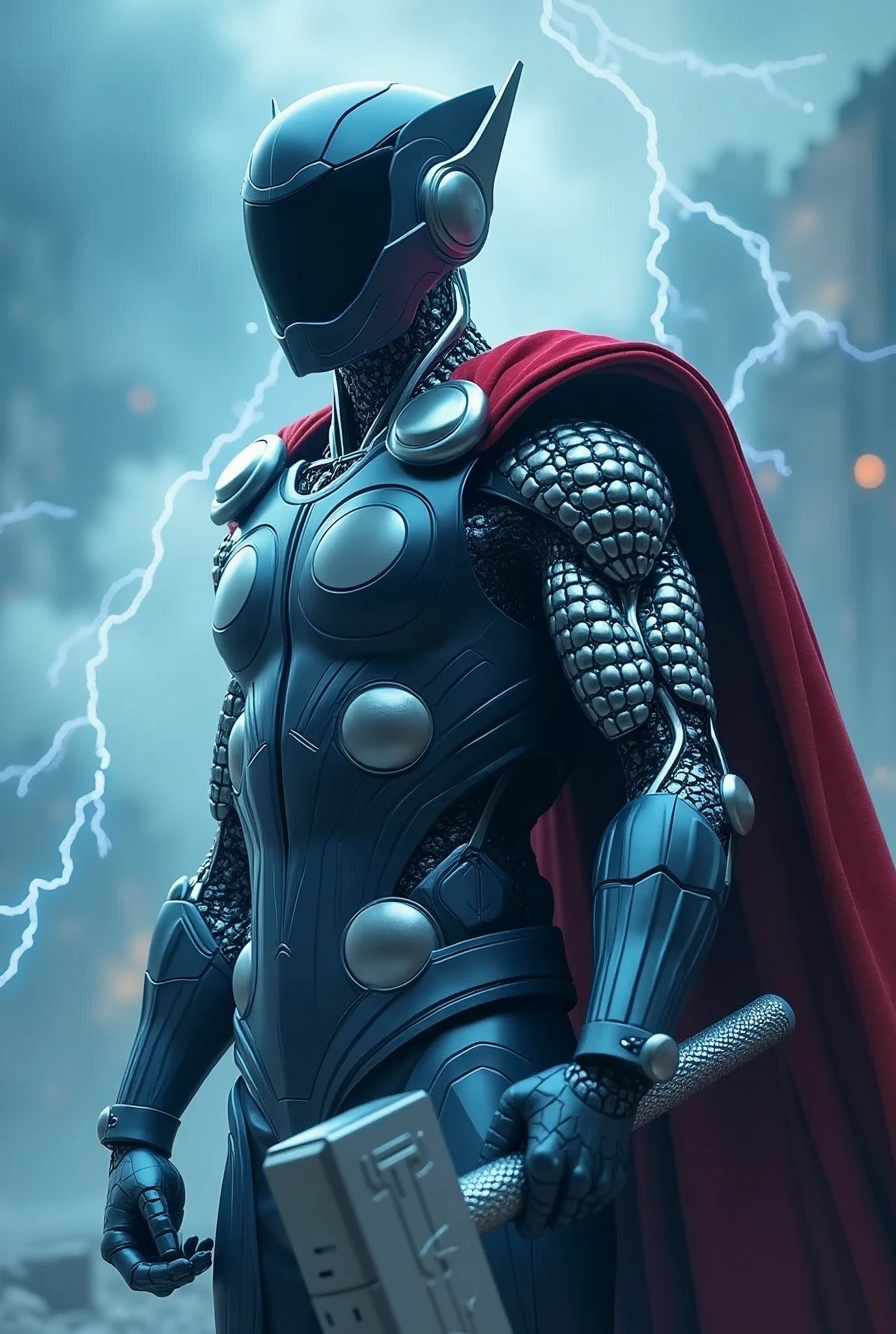 create image of a tesla optimus humanoid with a plain black glass helmet head and a very fit athletic robotic built robotic body, holding a cutout Tesla logo-like-hammer, dressed as Thor with lighting all over body, partially merged into a blue cloudy smokie background. in super hero pose