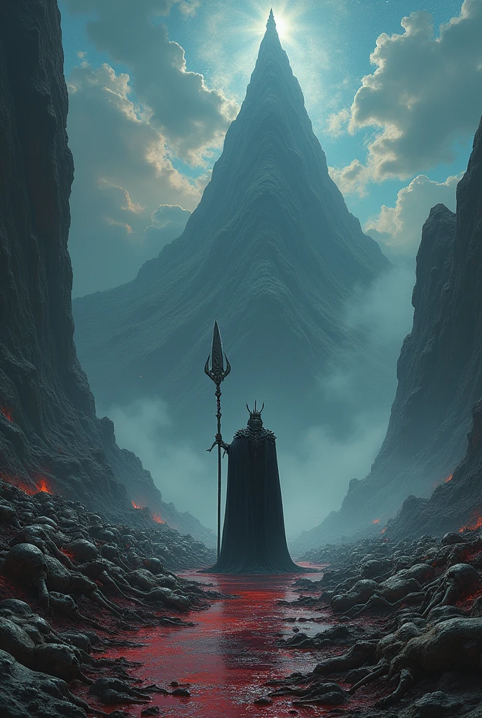 Strange Power Chaos, heaps of corpses, Bloodshed becomes a river, Skeleton Mountain, (The king who has continued fighting for 2000 years even after turning to bones), Pole Arm, No Life King, Fantasy, Complex, elegant, Very detailed, Centered, Symmetric, I drew, Complex, Volumetric lighting, beautiful, A masterpiece of deep colour, Sharp focus, Very detailed, style of dan mumford and marc simonetti, Astrophotography
