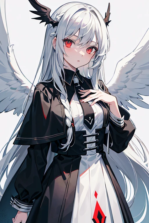 ((best quality)), ((masterpiece)), (detailed), 1girl,
Hair: Long, silver like moonlight, usually loose but turns jet black and slightly braided during battles.
Eyes: Fiery red, sometimes warm and angelic, but at times cold and ruthless.
Outfit: Luciferian Angel wears a two-tone outfit. One side is a pure white cloak, symbolizing purity and allure, while the other side is a dark coat, representing darkness and power. Large wings on his back, one white and one black, serve as symbols of the union between angel and demon.