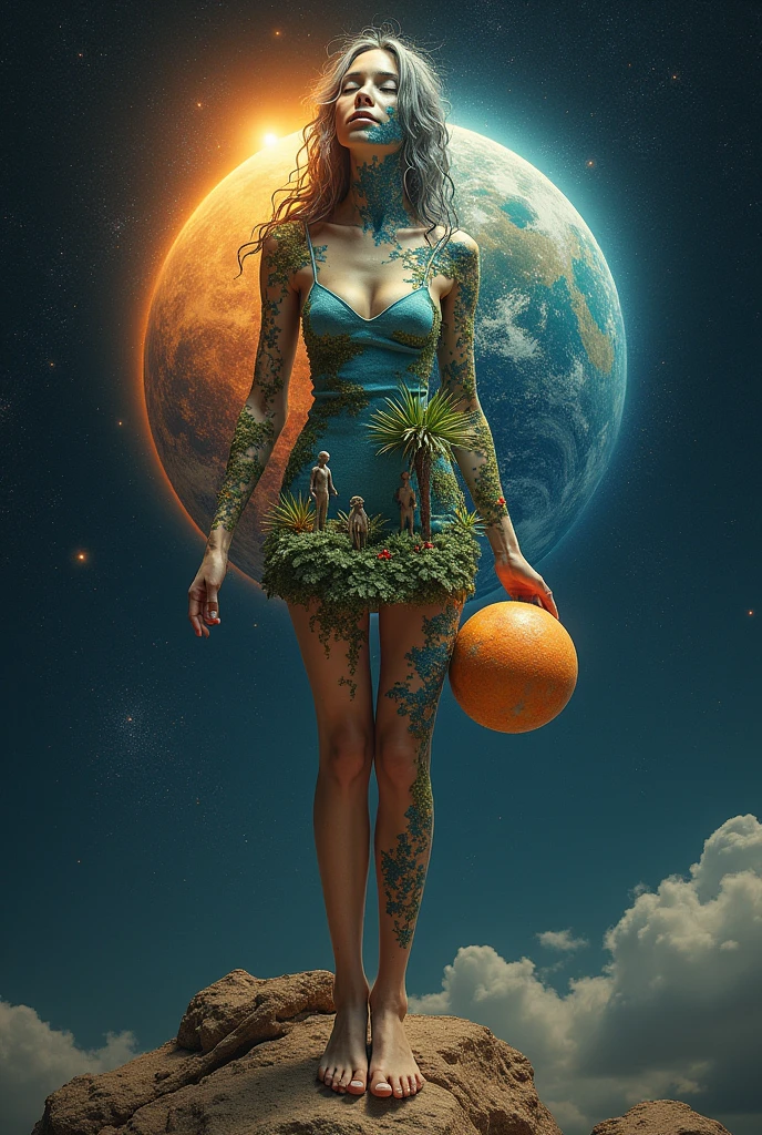 Create an image featuring a humanoid figure appearing to be made of stardust, where one can discern wisps of nebulae and constellations within this form. This figure has hair and is delicately holding the Earth in one hand. The Earth itself is teeming with diverse forms of life, represented through miniature depictions of various plants and human figures of diverse descents and genders dotting the landscape. In the other hand, this figure holds a different, unnamed planet. The background is a vast expanse of space, with the radiant sun on one side of the Earth and the moon casting its cool glow on the other side., cleavage, thigh, short skirt, sexy
