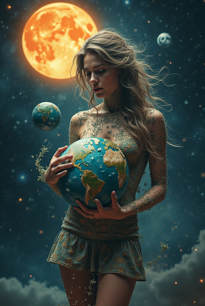 Create an image featuring a humanoid figure appearing to be made of stardust, where one can discern wisps of nebulae and constellations within this form. This figure has hair and is delicately holding the Earth in one hand. The Earth itself is teeming with diverse forms of life, represented through miniature depictions of various plants and human figures of diverse descents and genders dotting the landscape. In the other hand, this figure holds a different, unnamed planet. The background is a vast expanse of space, with the radiant sun on one side of the Earth and the moon casting its cool glow on the other side., cleavage, thigh, short skirt, sexy
