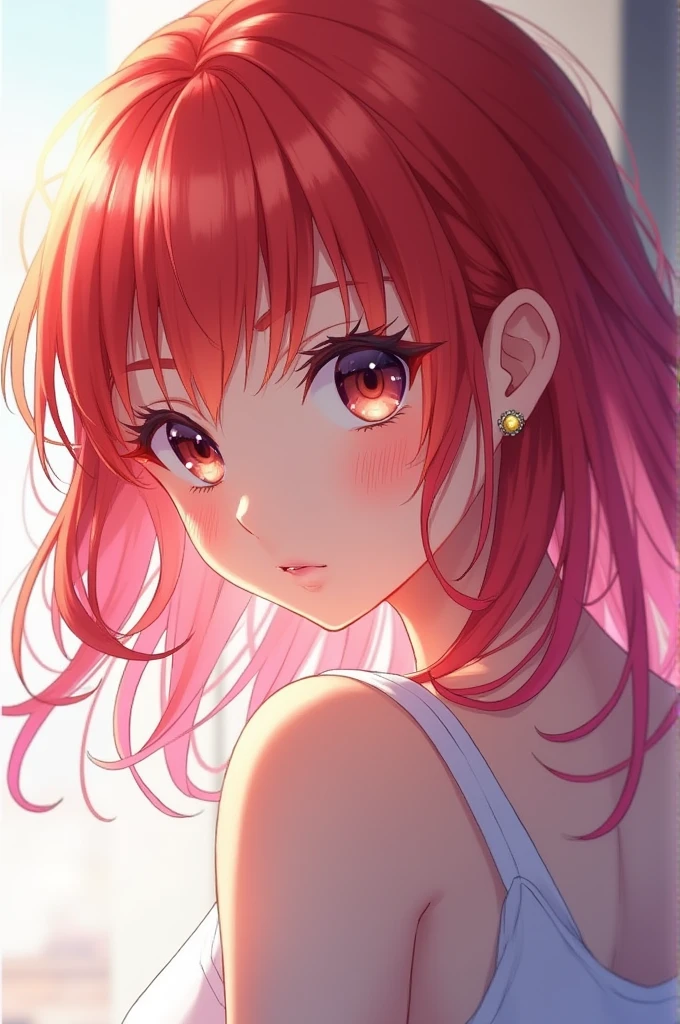 Create a beautiful anime girl, with red and pink hair, beautiful eyes and popular one