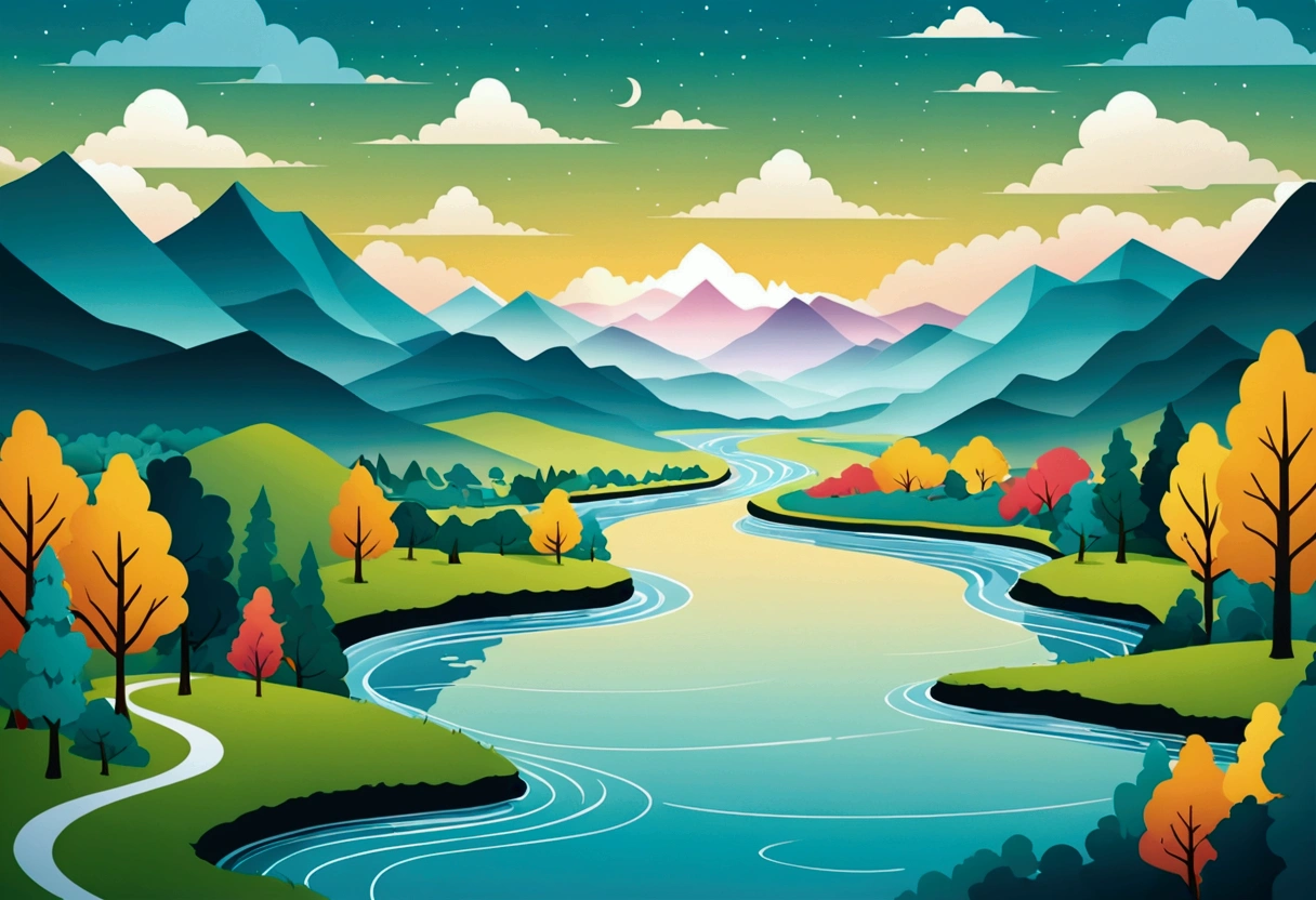 make me a picture for wallpaper, scenery wallpaper, river, Trees, and mountains with a paper-like style arranged like a flat design