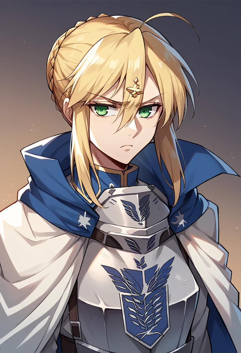 Artoria Pendragon woman in the Shingeki no Kyojin universe as an imposing and noble figure, with her signature blonde hair and green eyes. He would wear elements of the Reconnaissance Legion with details of his royal attire, such as a cape or a shield with the emblem of House Pendragon. His bearing would be upright and his gaze, determined