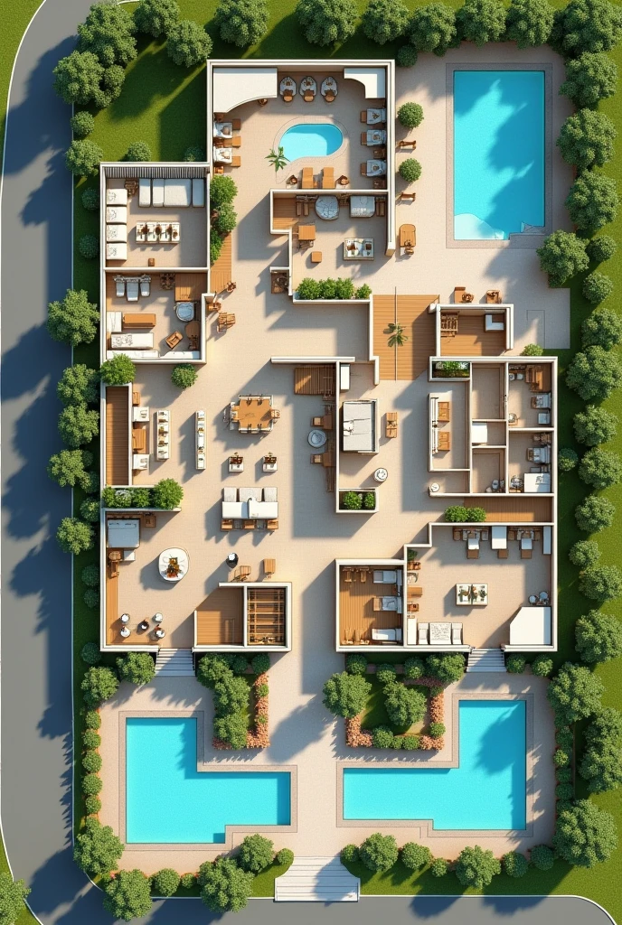 1D hotel floor plan containing the reception area, a restaurant, The recreation space, the rooms, A SPA area, An area for people with disabilities, 3 swimming pools, Connection with green areas, That can be like an open space, The L-shaped parking lot One part in front and the rest alongside, 2 swimming pools in the green area outside the hotel