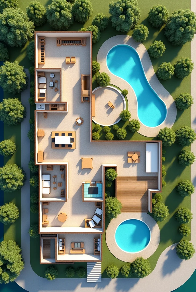 1D hotel floor plan containing the reception area, a restaurant, The recreation space, the rooms, A SPA area, An area for people with disabilities, 3 swimming pools, Connection with green areas, That can be like an open space, The L-shaped parking lot One part in front and the rest alongside, 2 swimming pools in the green area outside the hotel