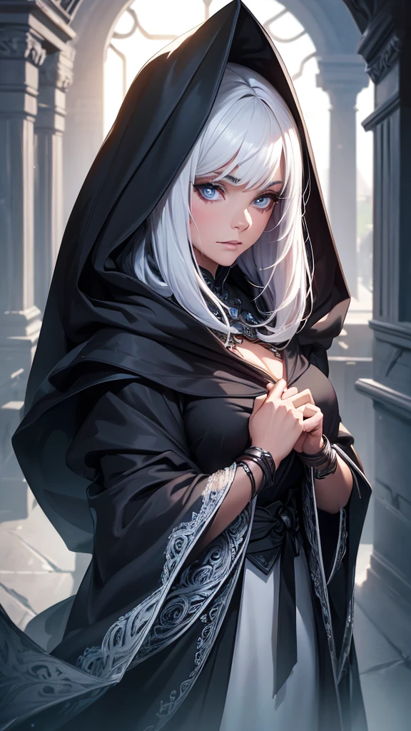 a beautiful mystical elfa sorceress, modest, wearing an old dark hooded cloak, white hair, deep dark eyes, tan skin, brave warrior, ambitious, not very friendly, orphaned thief, detailed face, (best quality,4k,8k,highres,masterpiece:1.2),ultra-detailed,(realistic,photorealistic,photo-realistic:1.37),vivid colors,dramatic lighting,dark fantasy,concept art,digital painting